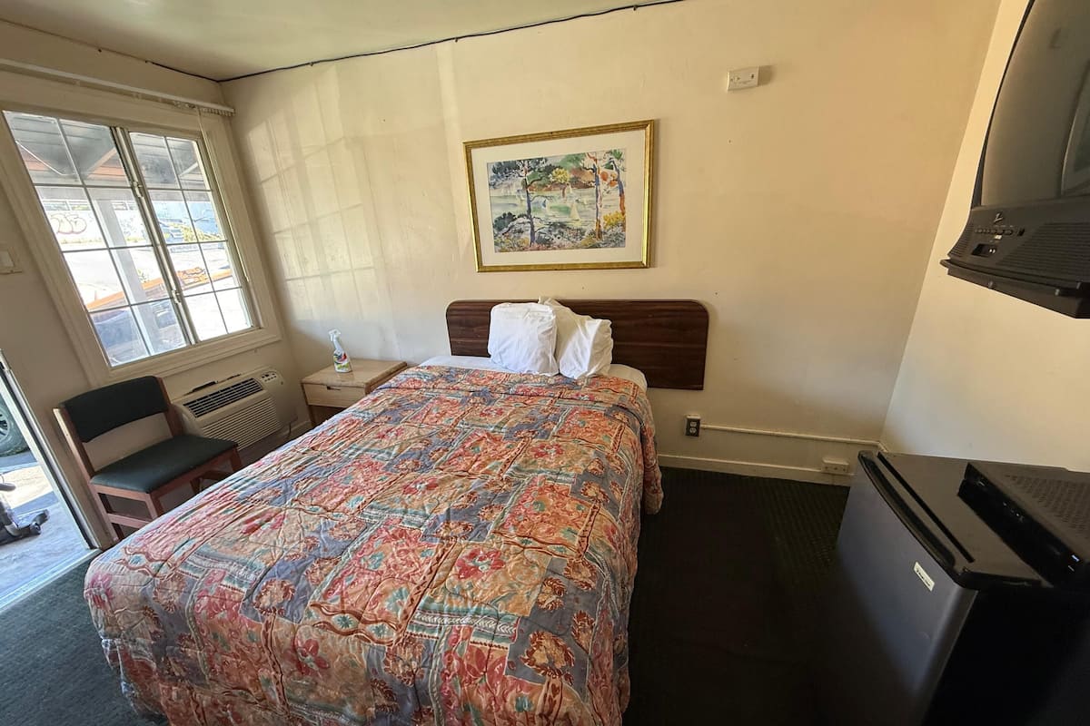 A hotel room with a bed, a chair, a desk, a heater, a television, and a window with curtains.