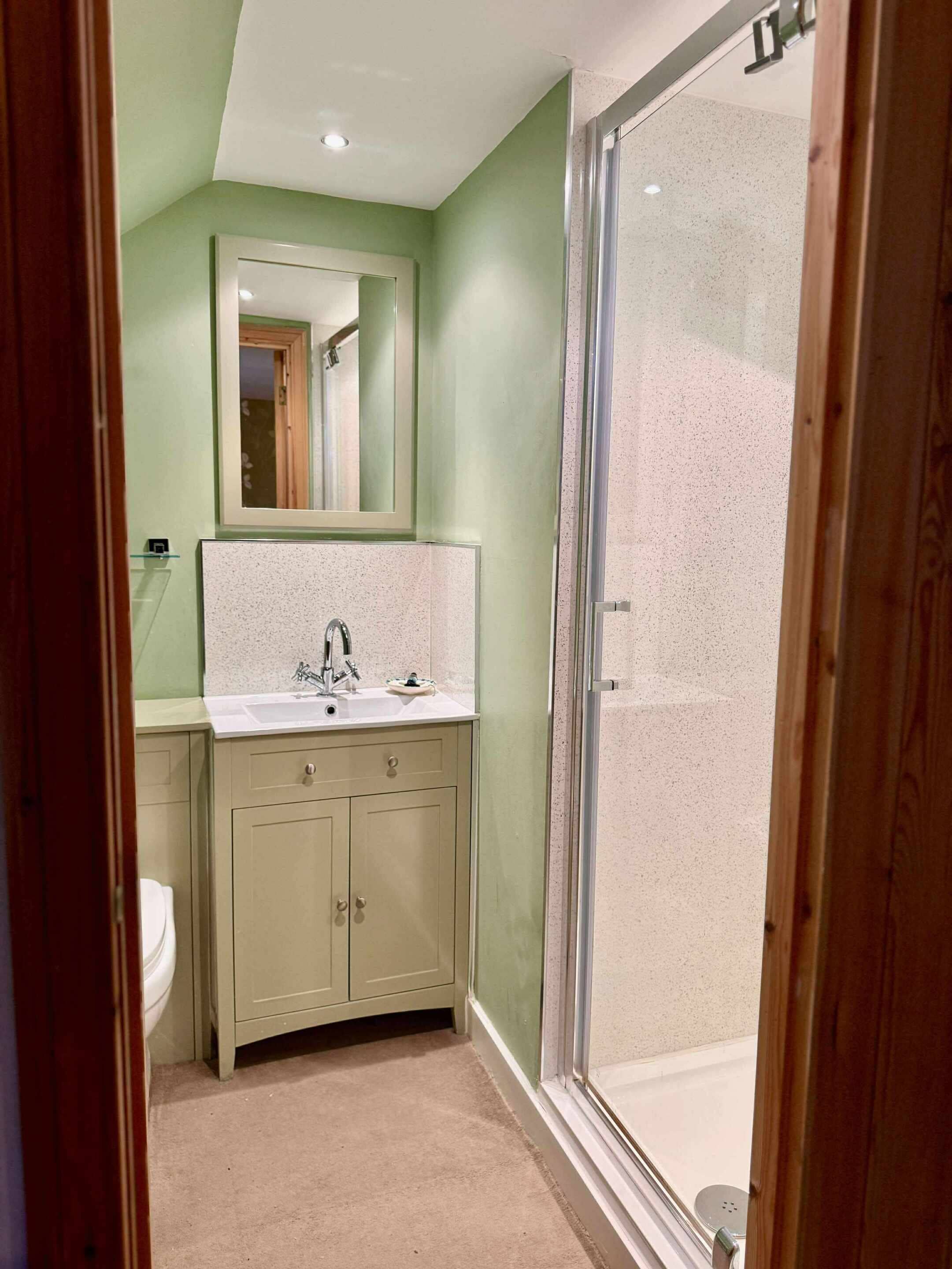 A bathroom with a shower, a sink, and a mirror.