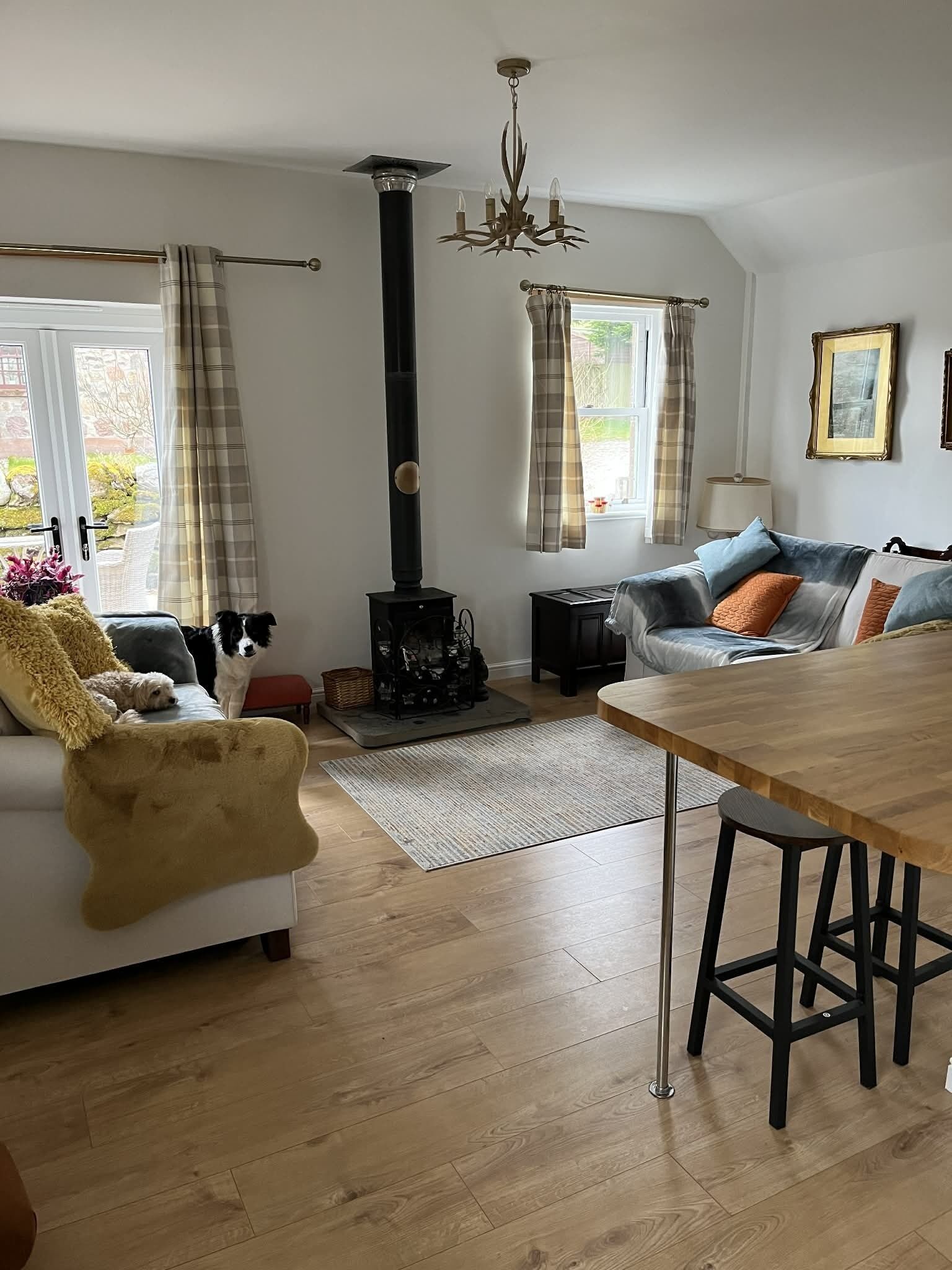 A cozy living room with a fireplace, a sofa, a dining table, and a dog.