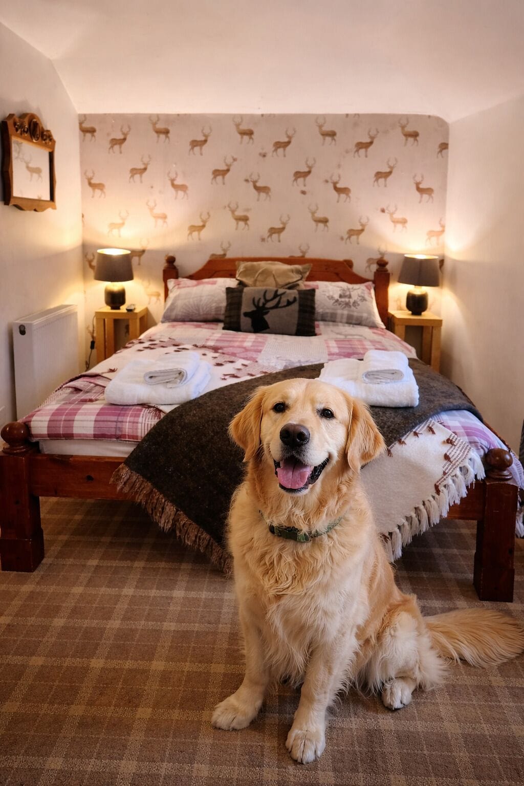 A bed with a checkered blanket, a pillow with a deer design, and a wall with a deer pattern.