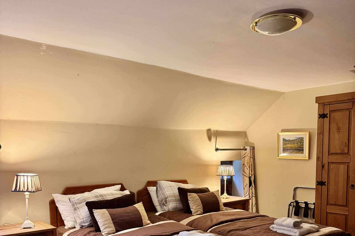 A bedroom with two beds, a wooden wardrobe, a mirror, a lamp, and a framed picture on the wall.