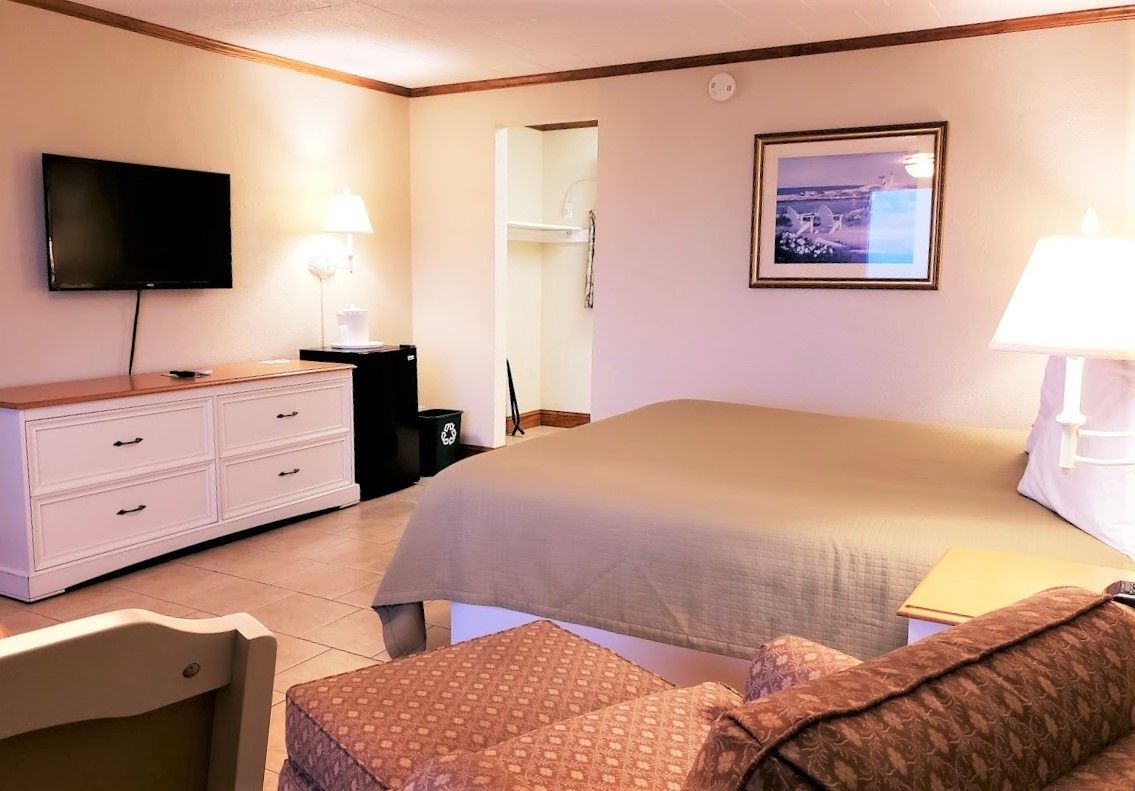 Una camera d'albergo con un letto, una televisione, una scrivania con una lampada, una sedia e un comodino.