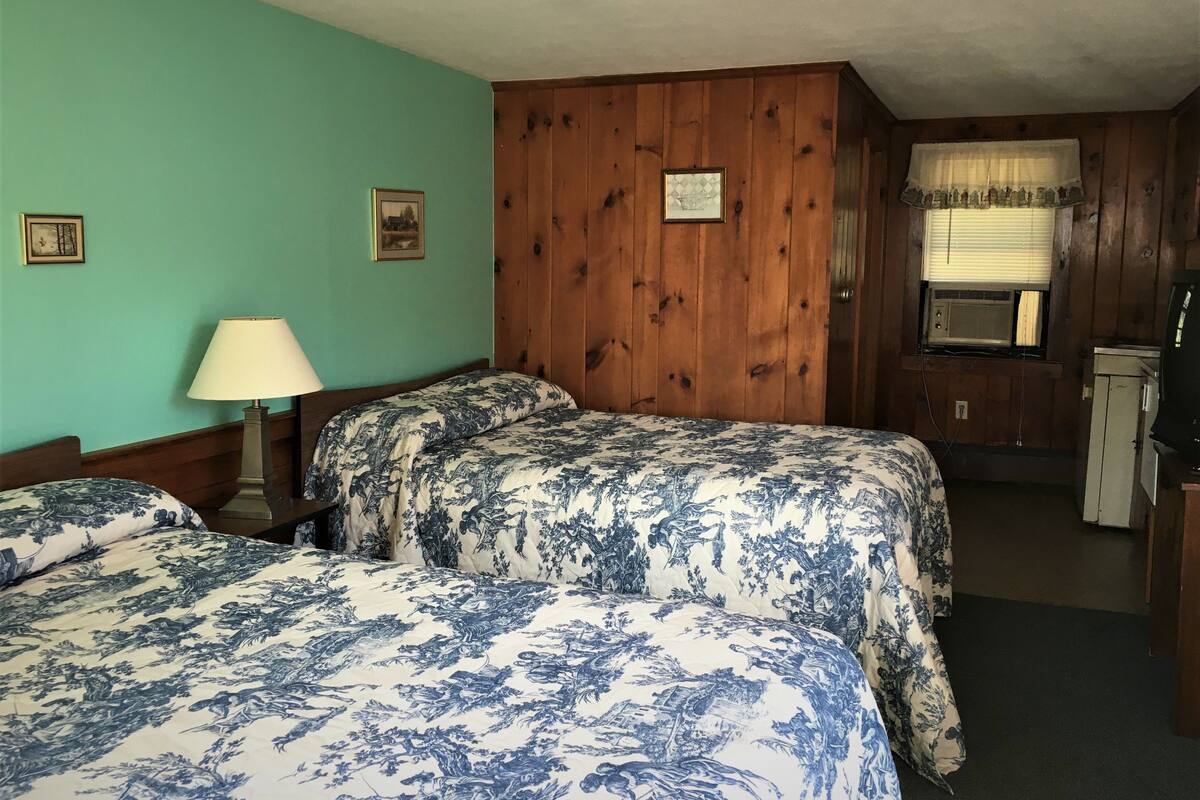 Une chambre avec deux lits, un panneau mural en bois, une lampe, un téléviseur et un petit meuble.