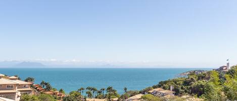 Zona residencial costera con casas, palmeras y vista al mar.