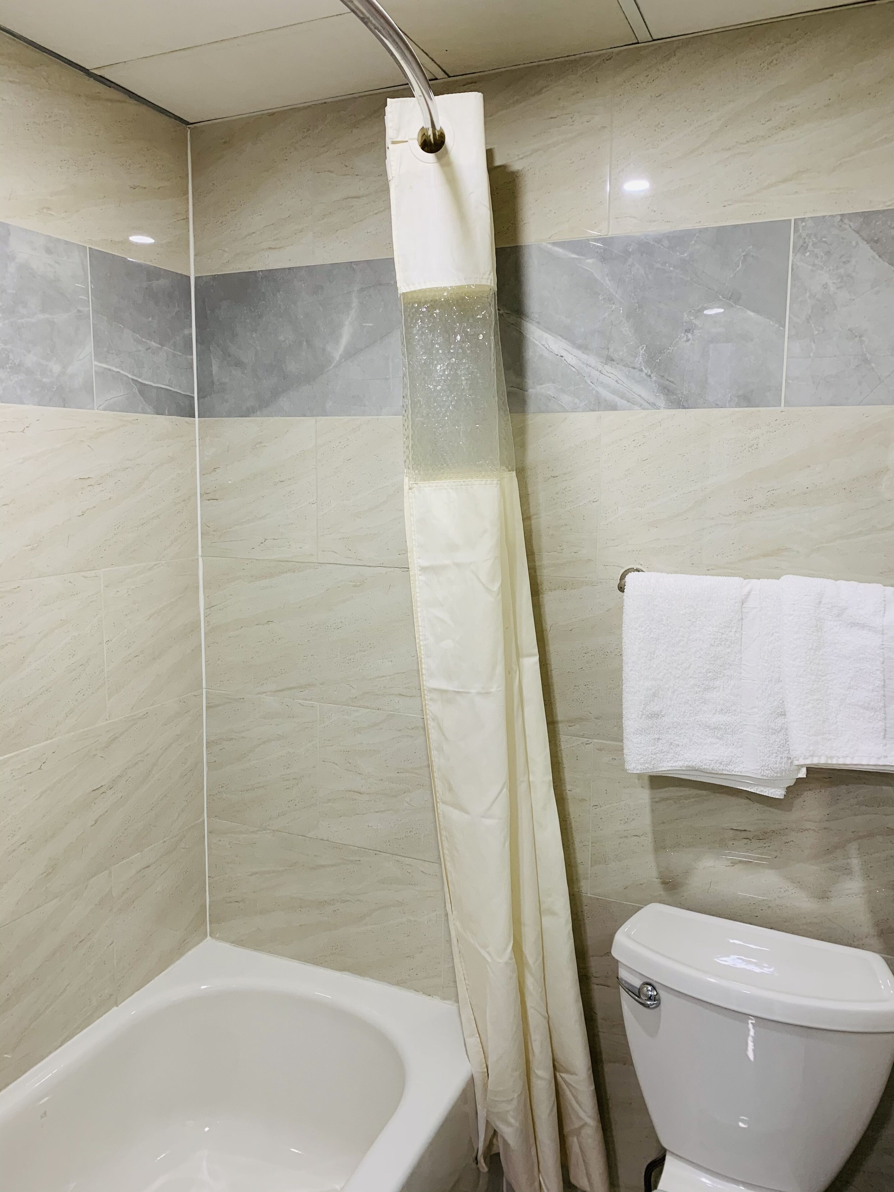 A bathroom with a bathtub, toilet, and a shower curtain.