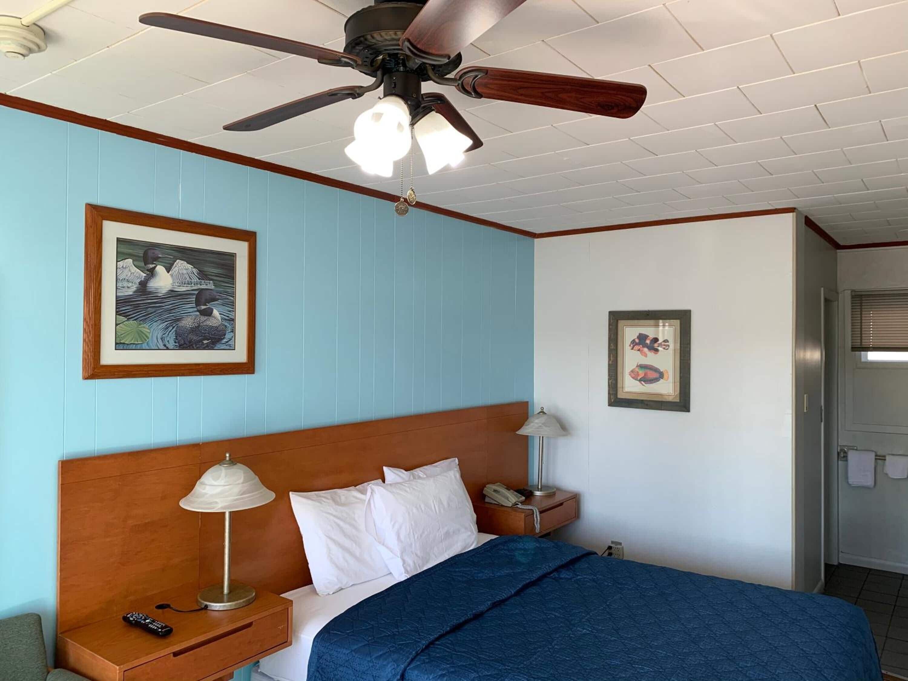 Habitación de hotel con cabecera de madera, cama con manta azul, ventilador de techo y dos cuadros en las paredes.