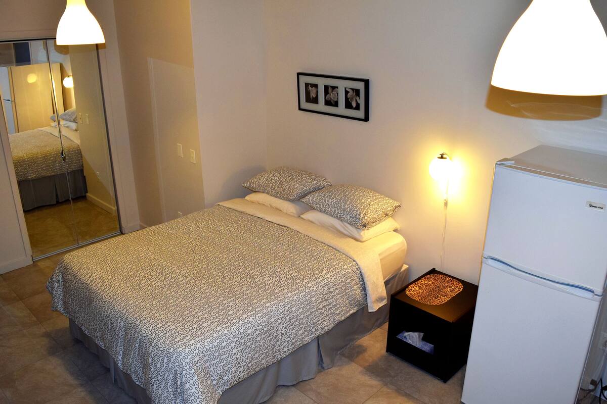 A bedroom with a bed, a mirror, a wall-mounted picture, a bedside lamp, and a refrigerator.