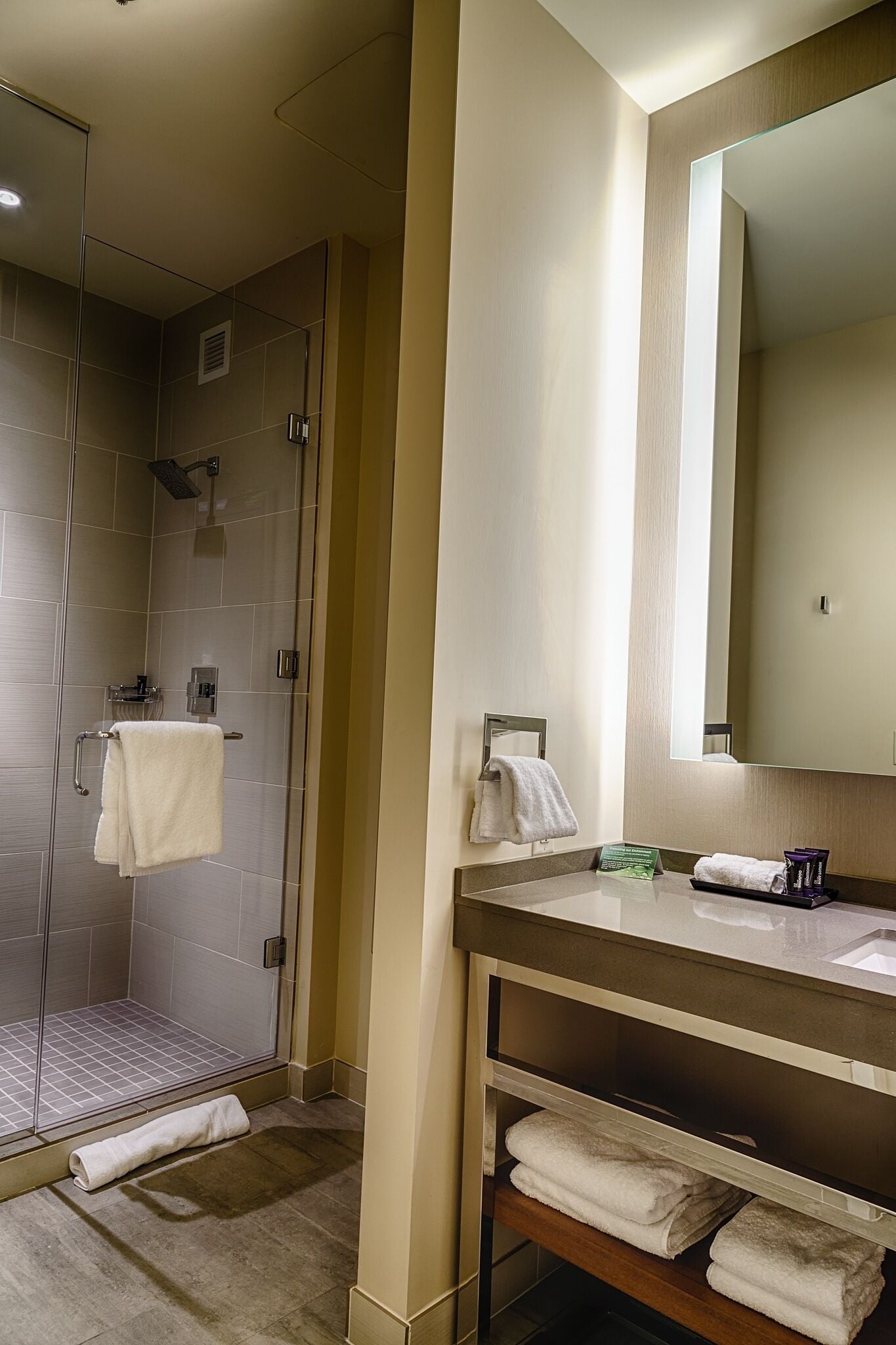 shower, hair dryer, bathrobes, towels