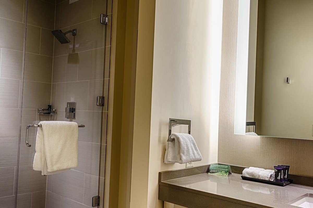 shower, hair dryer, bathrobes, towels