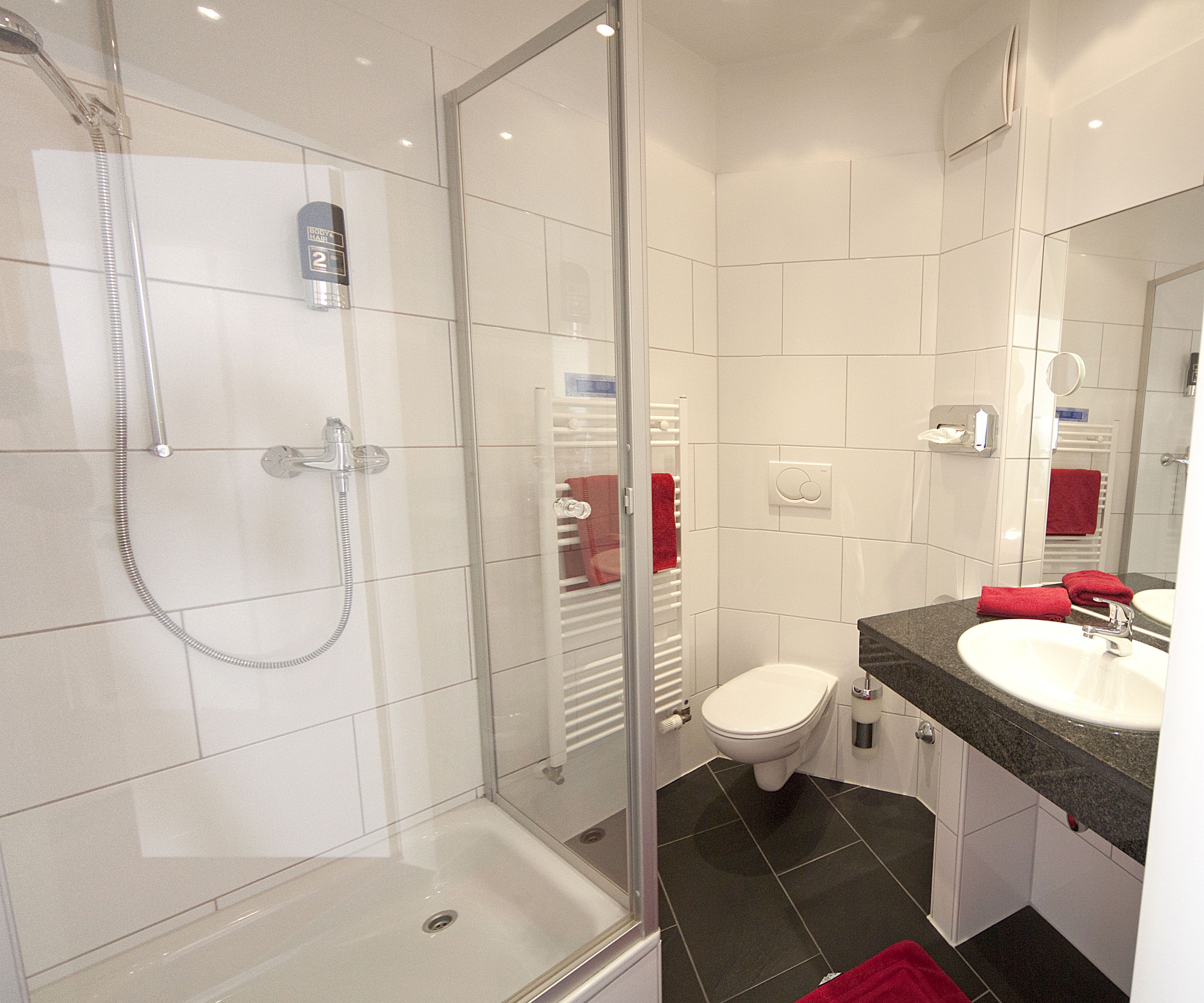 standard single room | bathroom | shower, free toiletries, hair dryer, towels