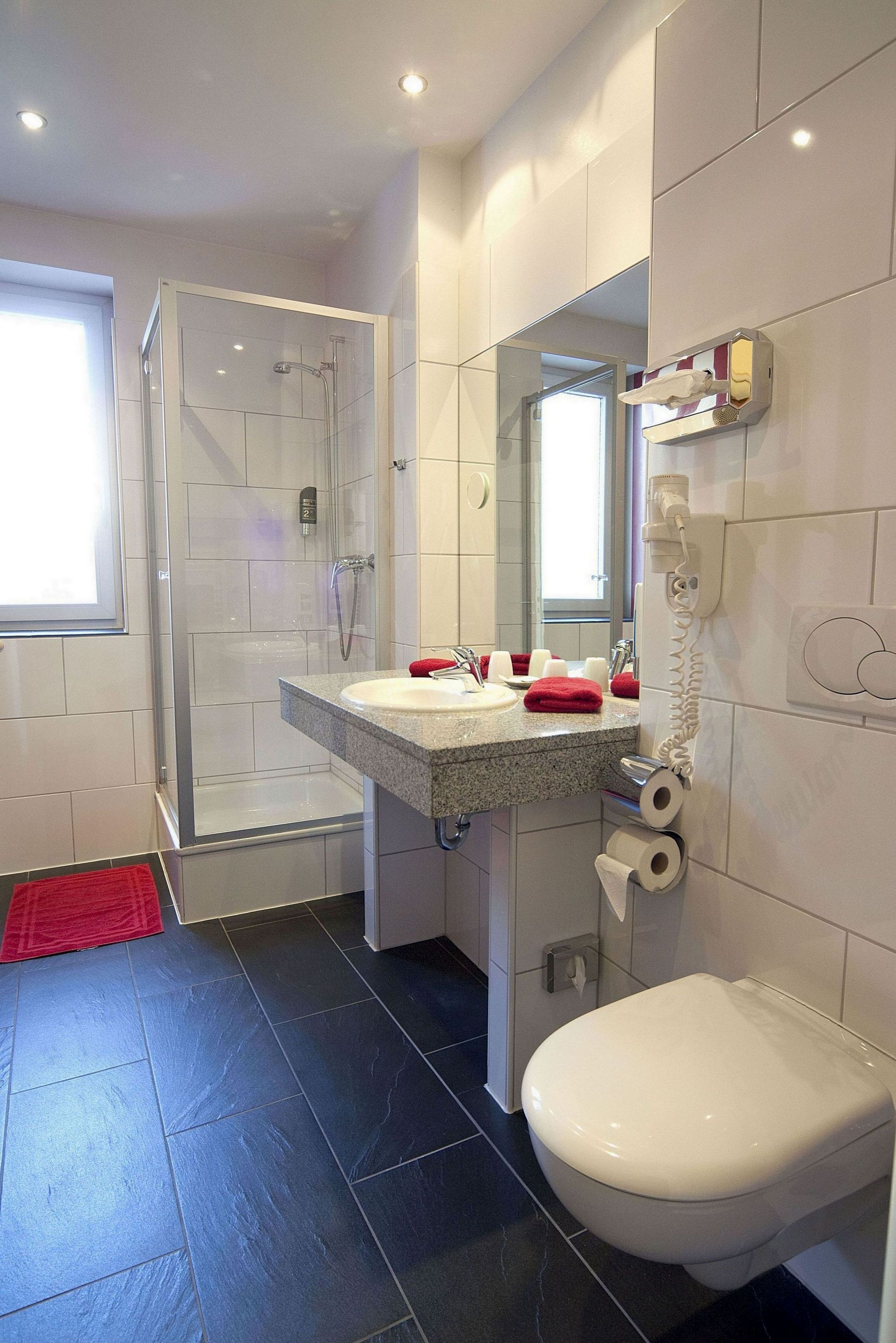 shower, free toiletries, hair dryer, towels