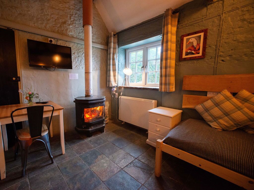 A cozy room with a bed, a desk, a chair, a television, a fireplace, and a window with curtains.