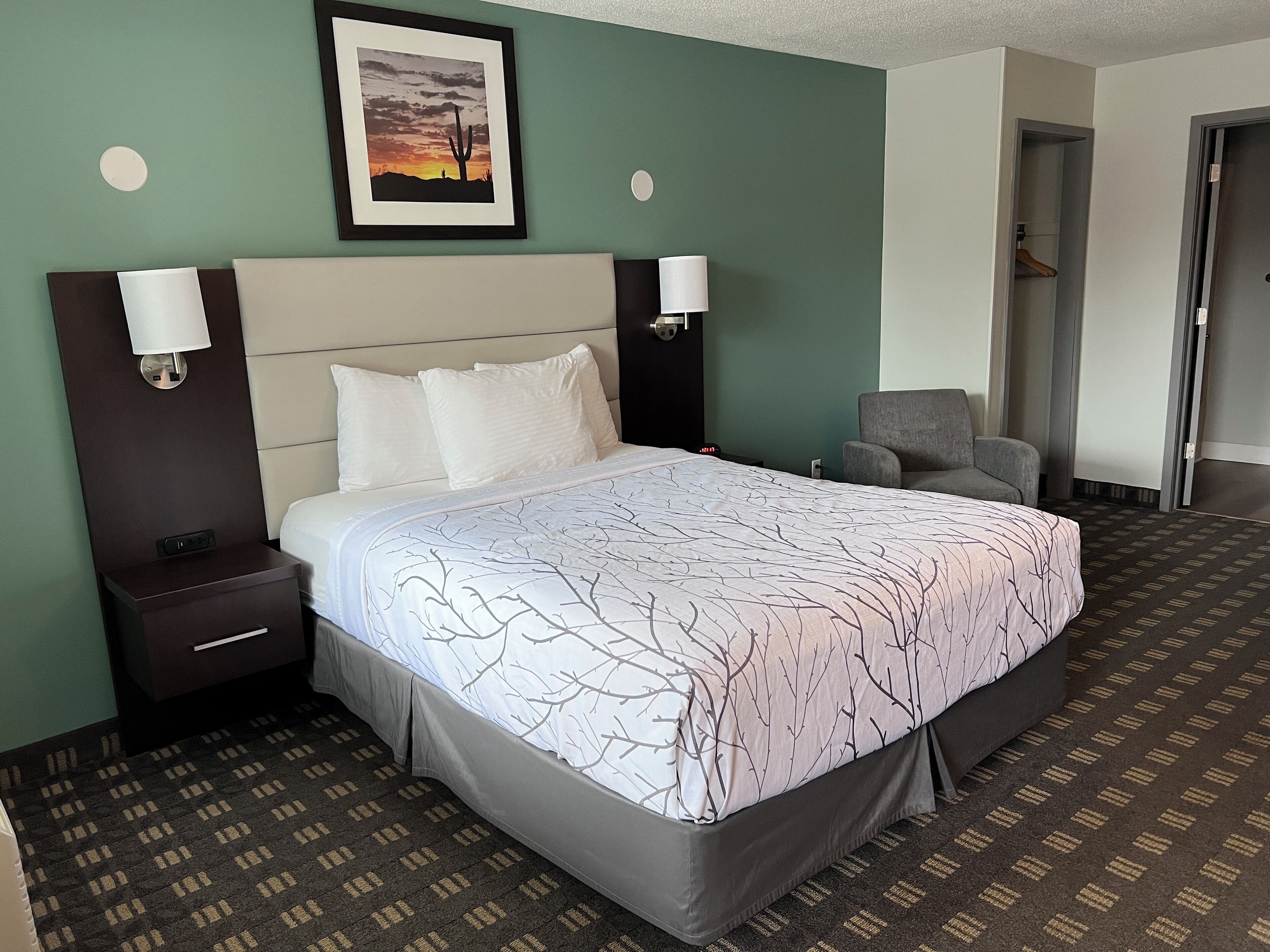 A hotel room with a large bed, two bedside lamps, a nightstand, a chair, and a framed picture on the wall.