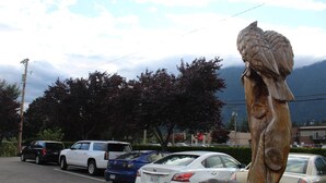 Ein Parkplatz mit mehreren Autos, einer Holzskulptur und Bäumen im Hintergrund.