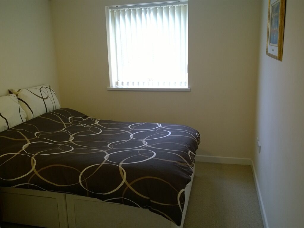 A bedroom with a bed, a window, and a framed picture on the wall.
