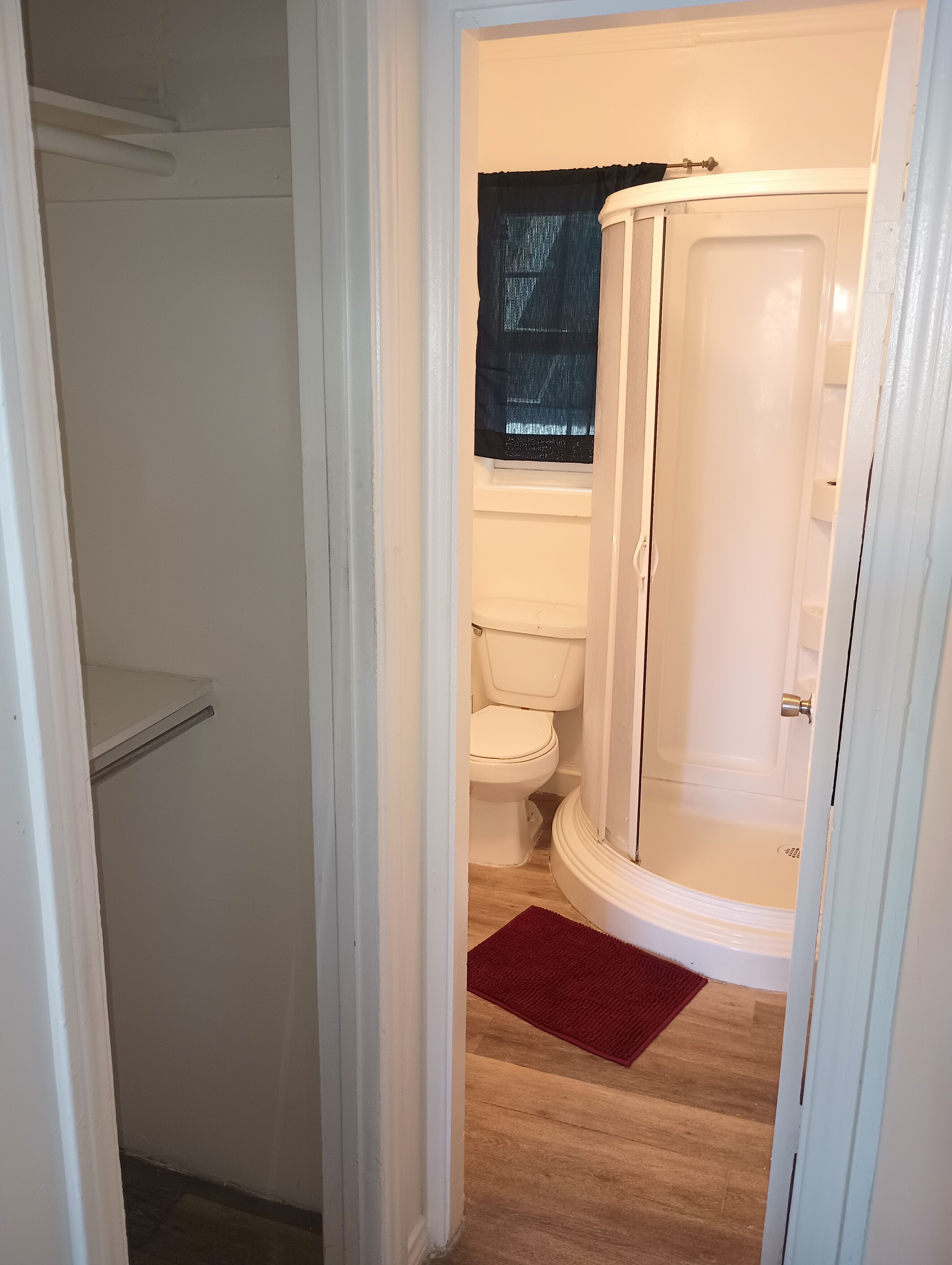 Un bagno con il water, una doccia e un tappeto rosso sul pavimento.