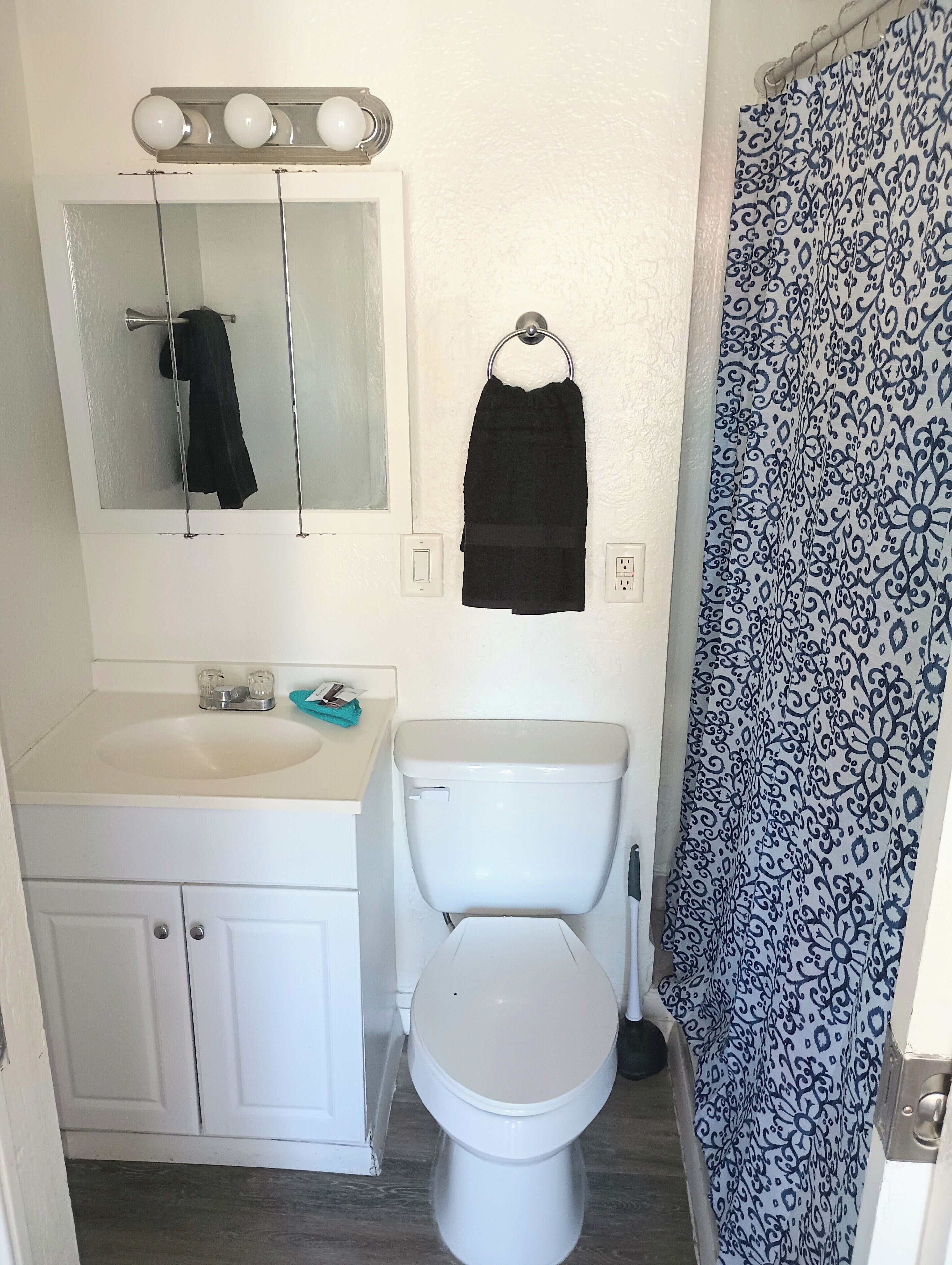 A bathroom with a white sink, a mirror, a toilet, and a patterned shower curtain.