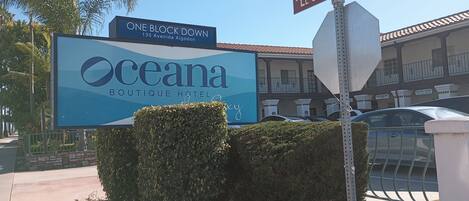 Une enseigne d’hôtel pour l’Oceana Boutique Hotel, situé au 135, Avenida Algodon, avec des panneaux de signalisation indiquant l’Avenida Algodon et El Camino Real.
