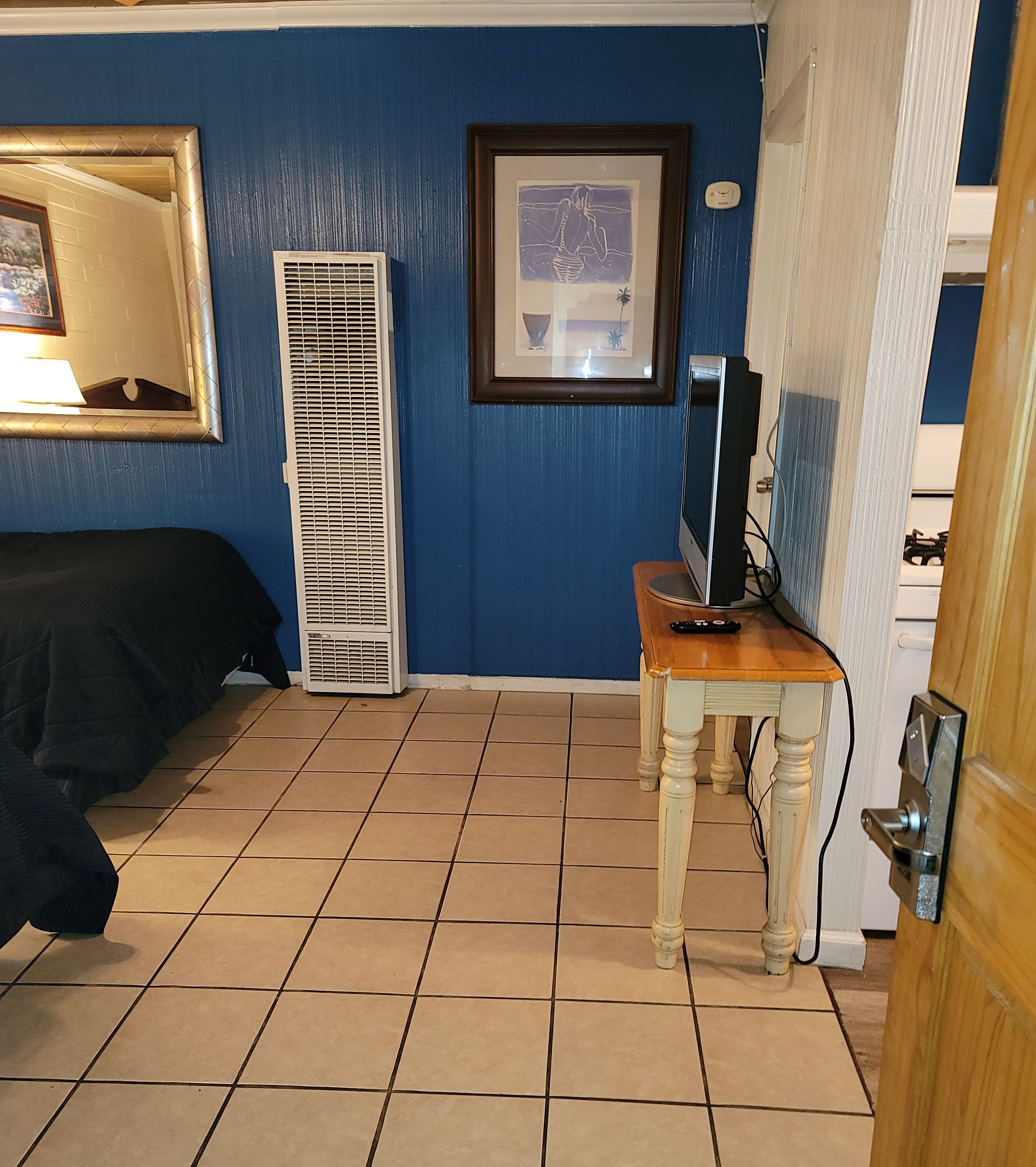 Een kamer met een bed, een verwarming, een televisie op een houten tafel en een ingelijst schilderij aan de muur.