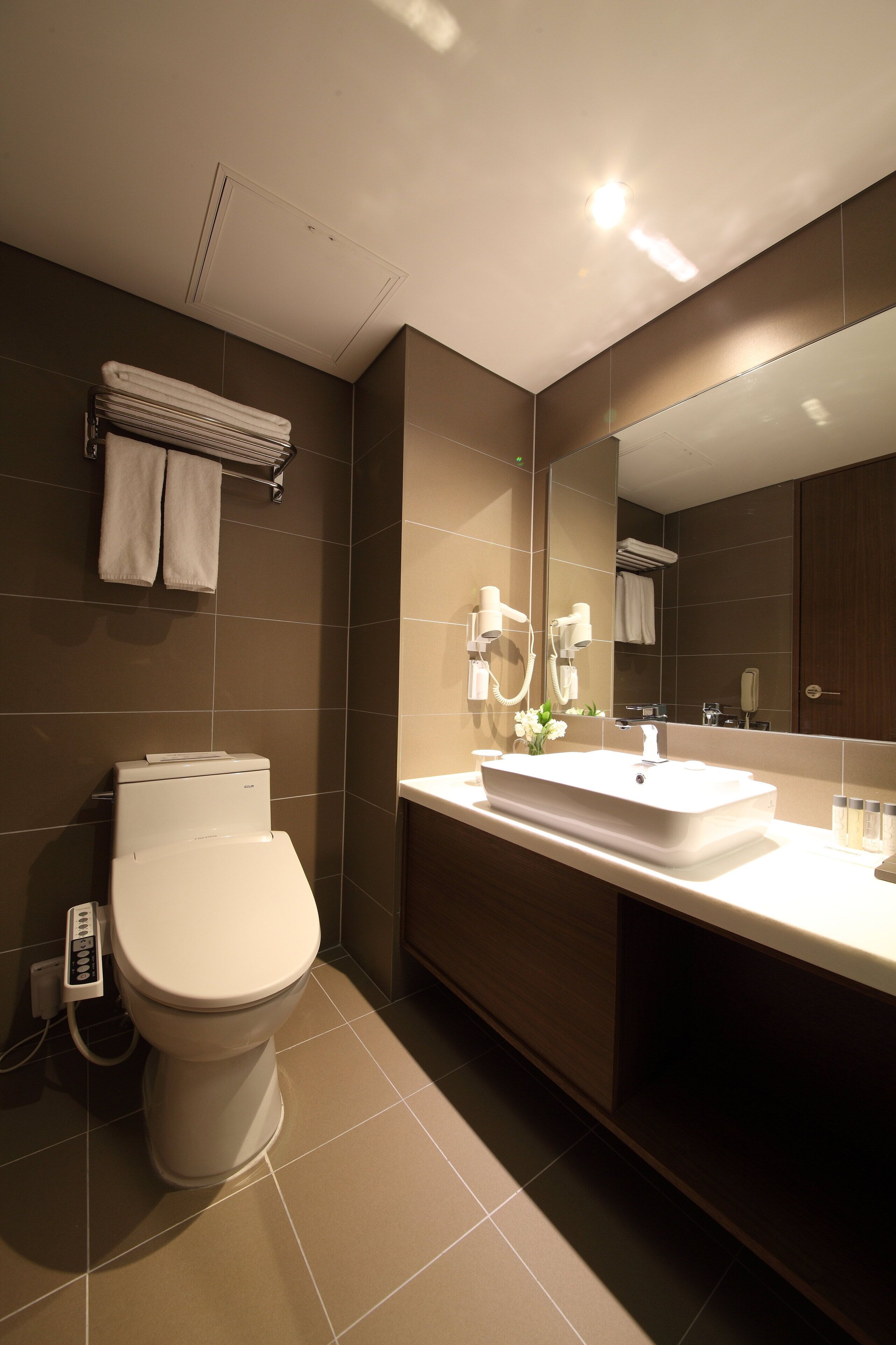 free toiletries, hair dryer, slippers, bidet