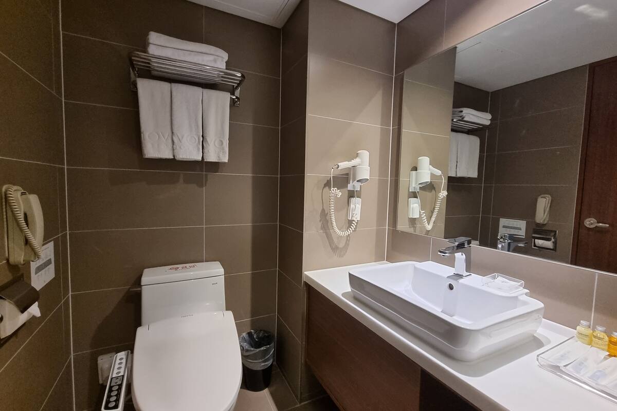 free toiletries, hair dryer, slippers, bidet