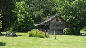 A rustic log cabin with a sloped roof, surrounded by lush greenery and a well-maintained lawn.