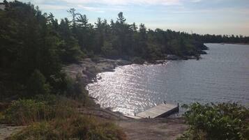 A coastal area with a rocky shoreline, dense forest, and a clear sky.