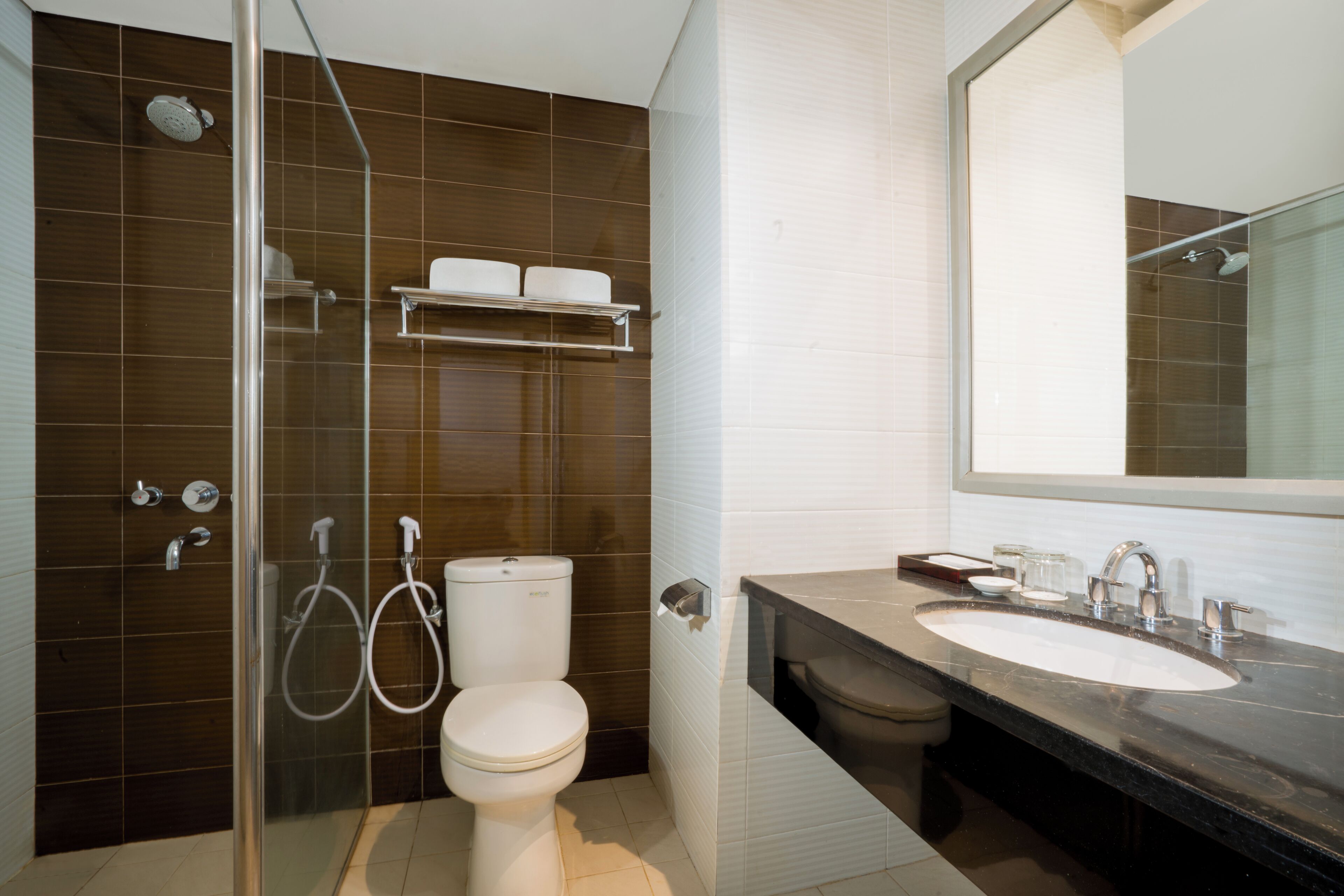 A modern bathroom with a glass-enclosed shower, a white toilet, a sink with a mirror, and a shelf above the toilet.