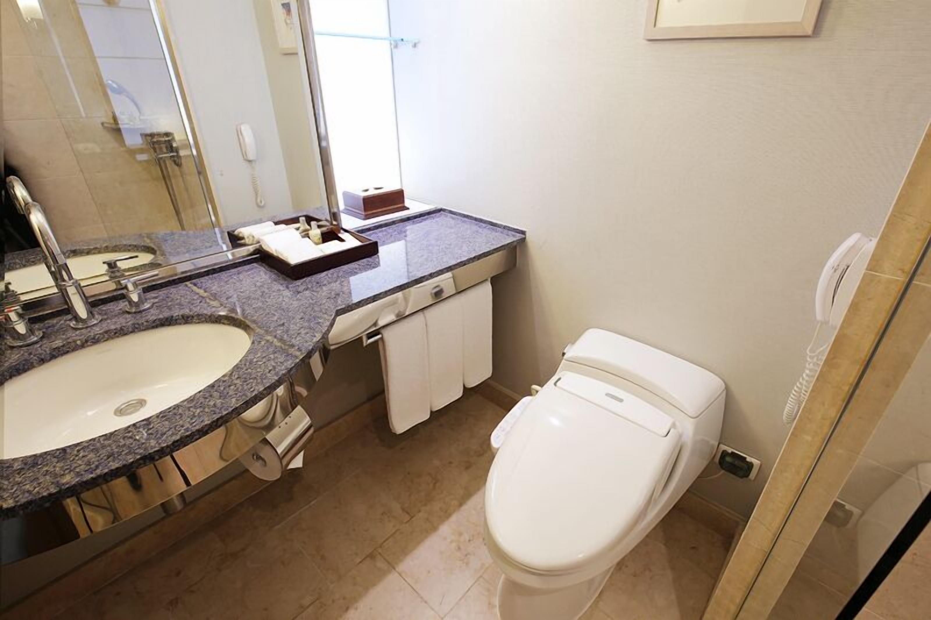 hair dryer, bathrobes, slippers, bidet