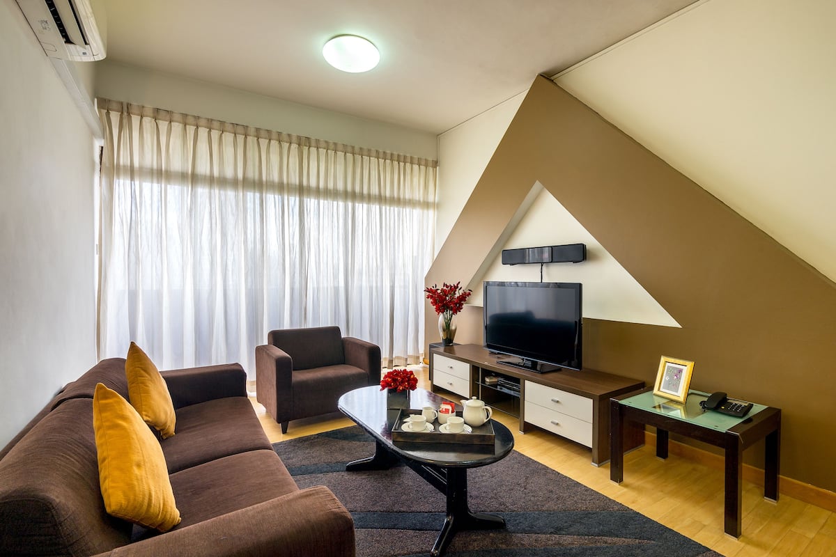 Deluxe Apartment, 3 Bedrooms | Living area | 42-inch LED TV with cable channels, TV, DVD player