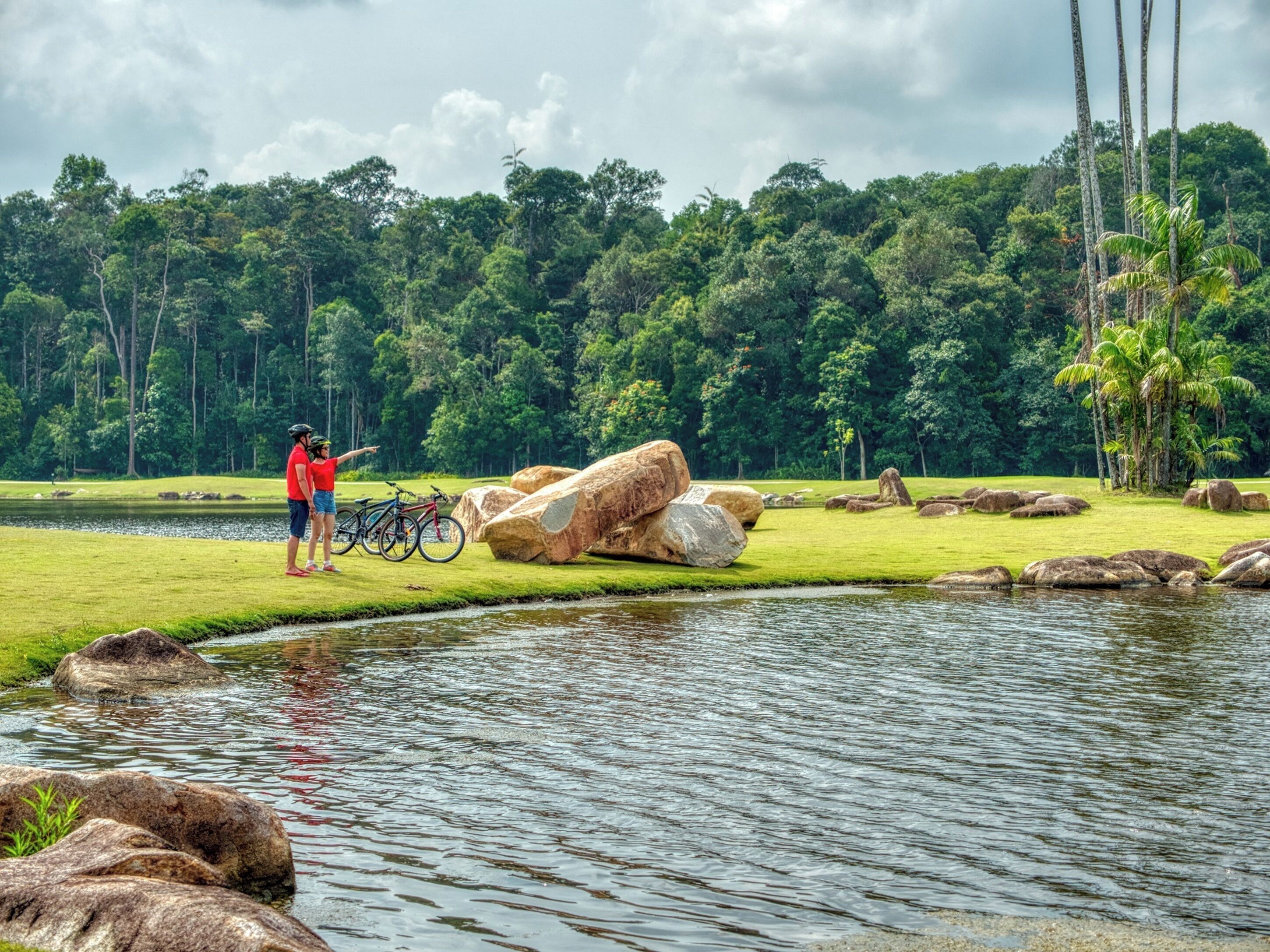 A golf course with a pond, large rocks, and a dense forest in the background.