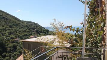 A balcony with a view of a hillside and a body of water.