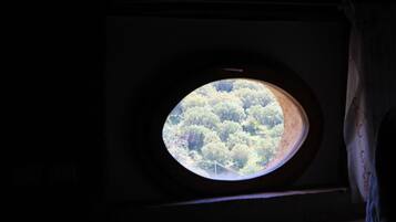 Una ventana redonda con vistas a un bosque frondoso.