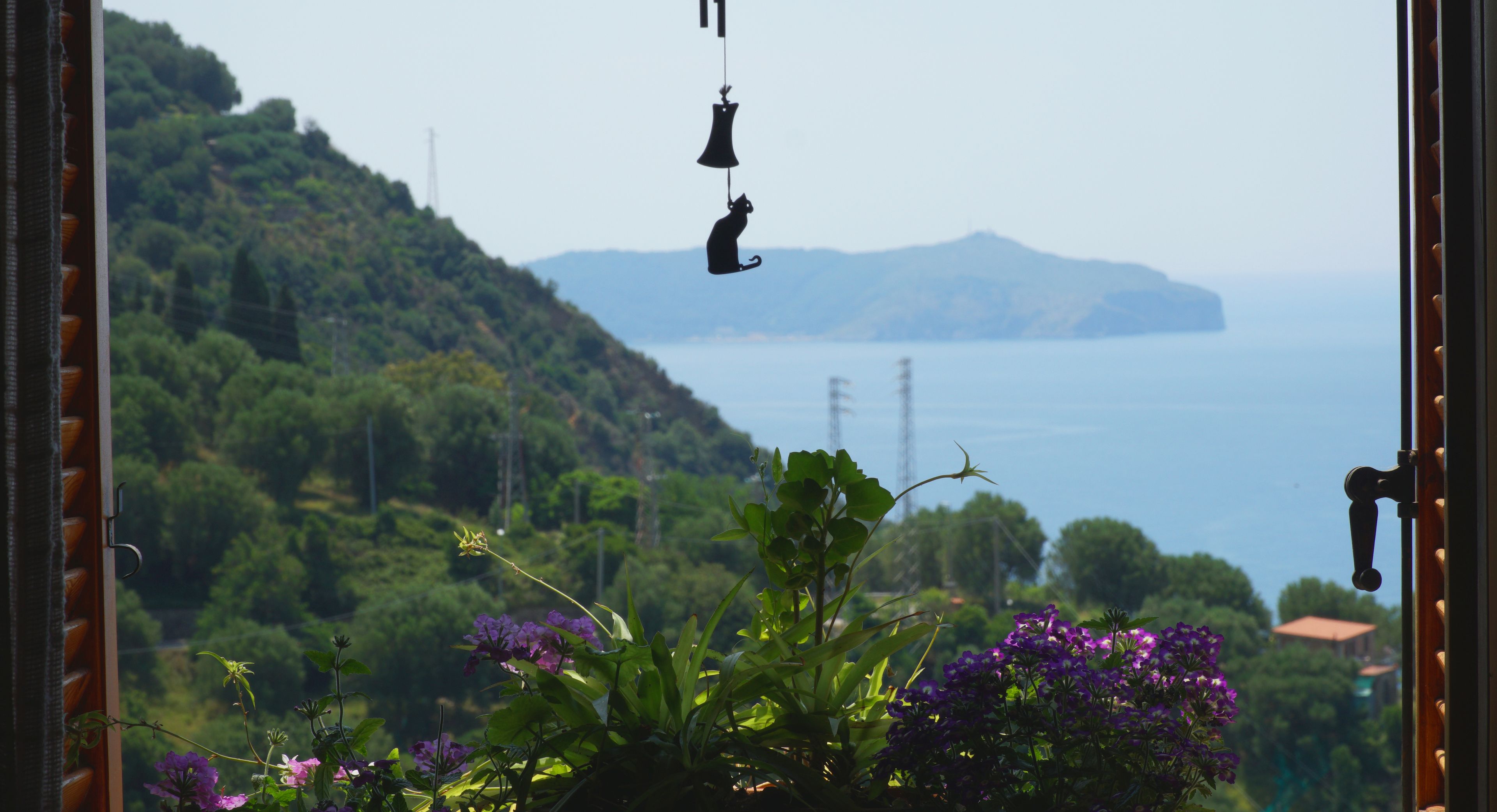 Une vue à travers une fenêtre, avec une cloche suspendue et la silhouette d’un chat, une plante aux fleurs violettes, et une vue lointaine d’une étendue d’eau et de collines.