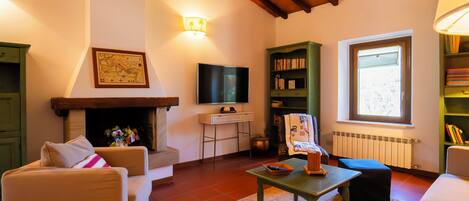 Una sala de estar acogedora con chimenea, televisor y estantería.