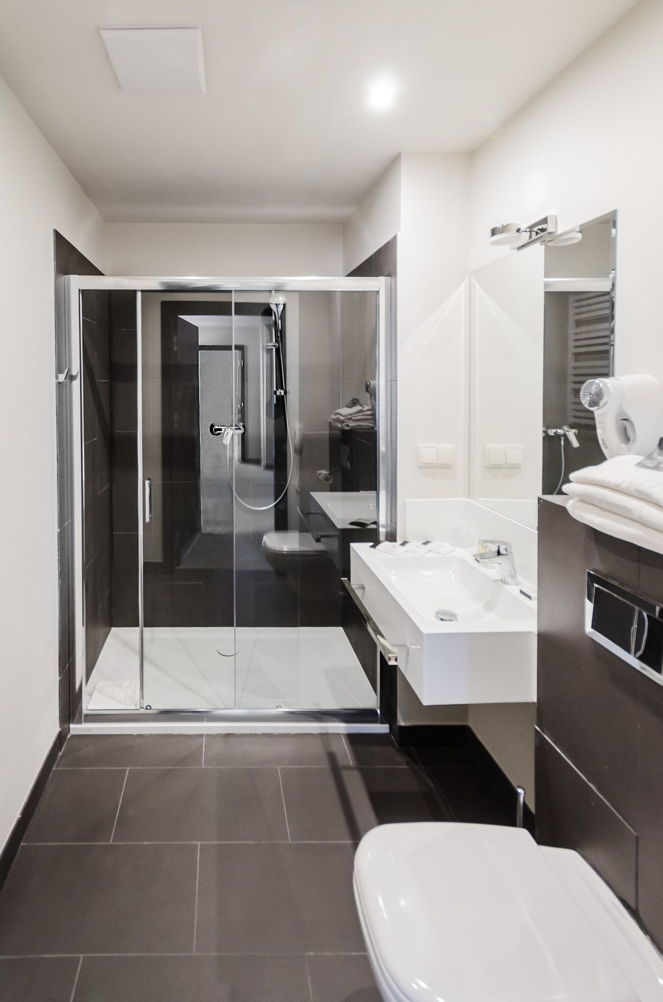 Un baño moderno con ducha de vidrio, un lavamanos blanco y un inodoro.