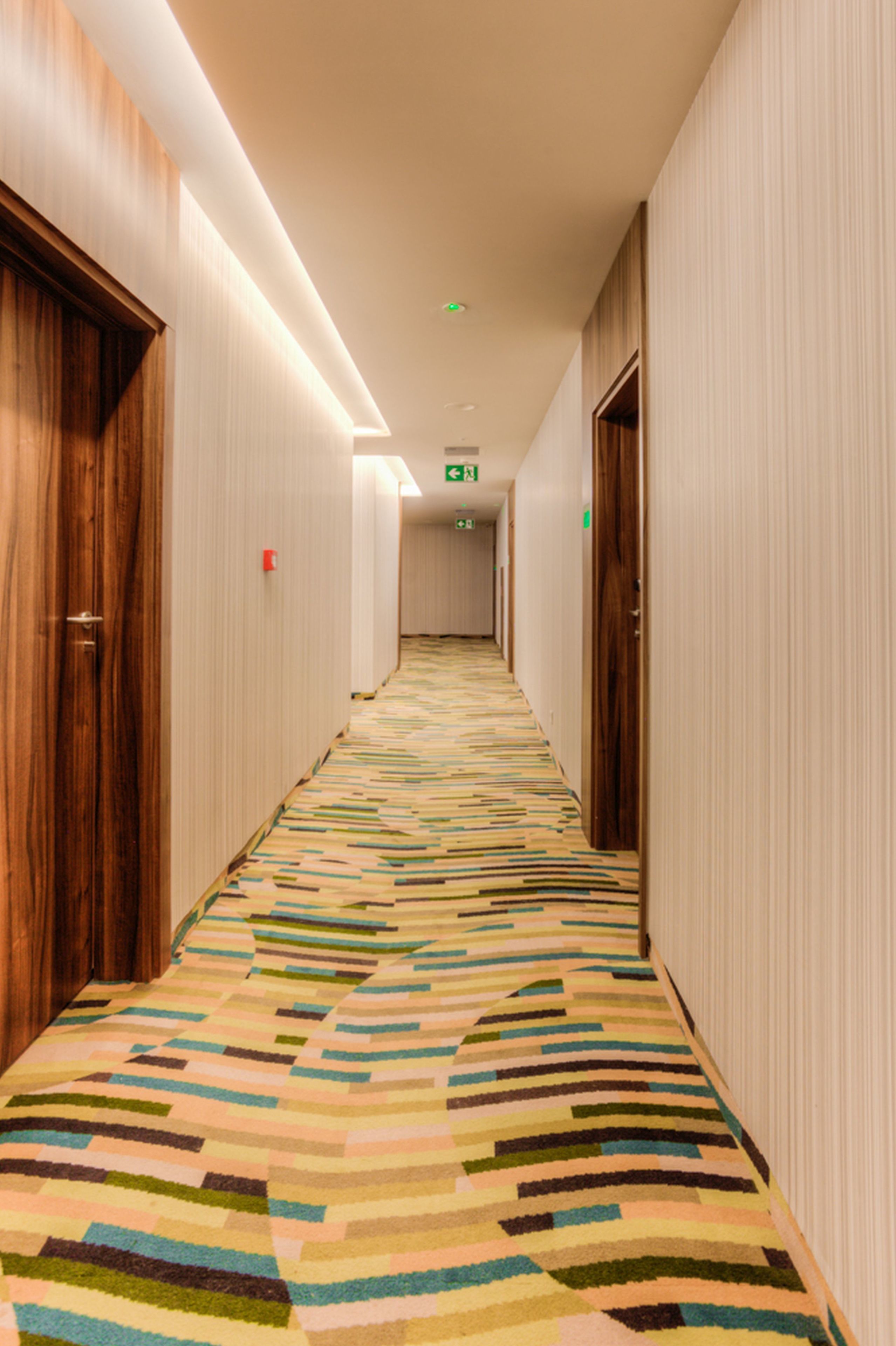 Un couloir d’hôtel avec un tapis à motifs, des portes en bois et des murs blancs.