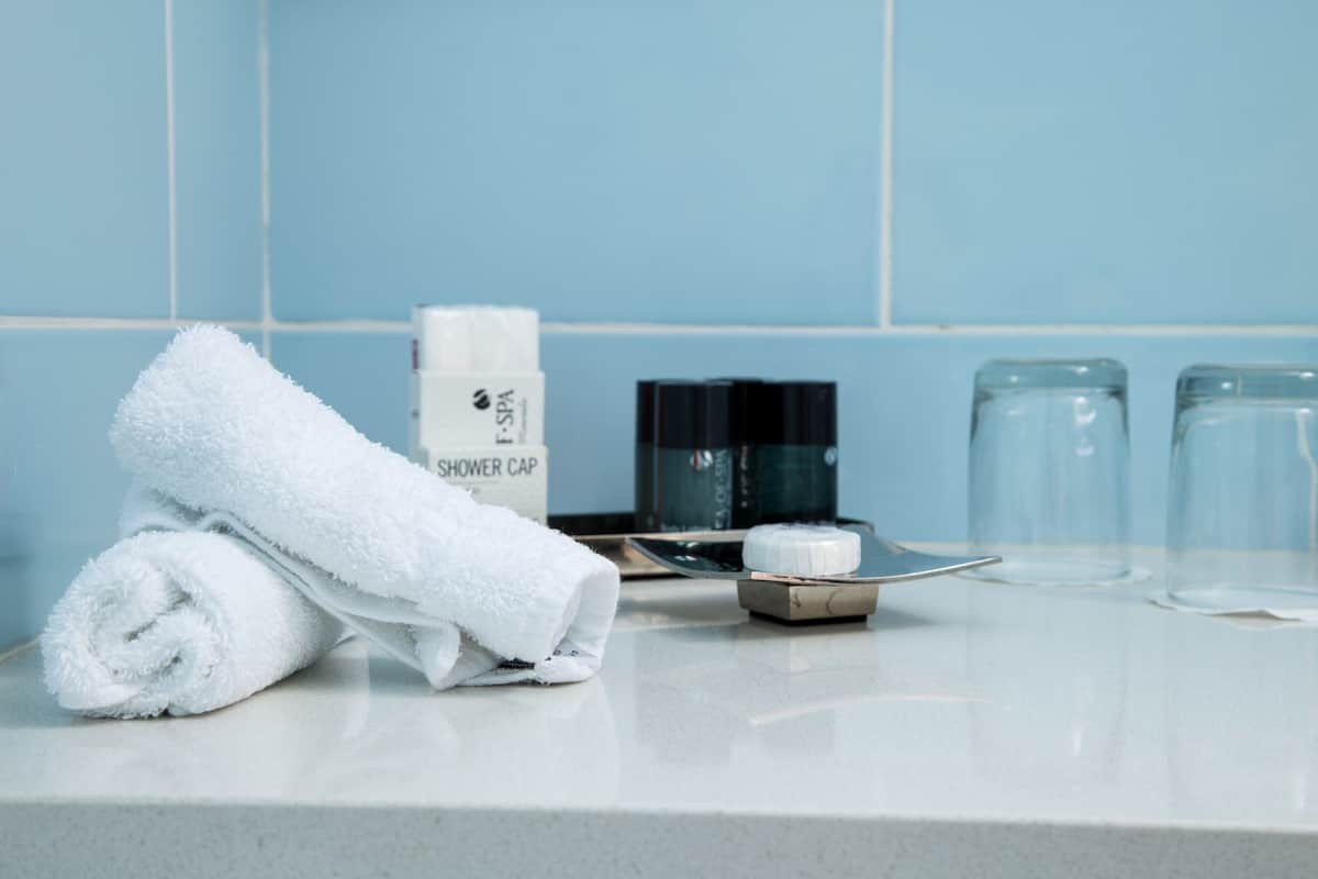 free toiletries, hair dryer, towels