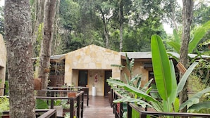 Un sentier en bois mène à un bâtiment en pierre, lui-même entouré d’une végétation tropicale.