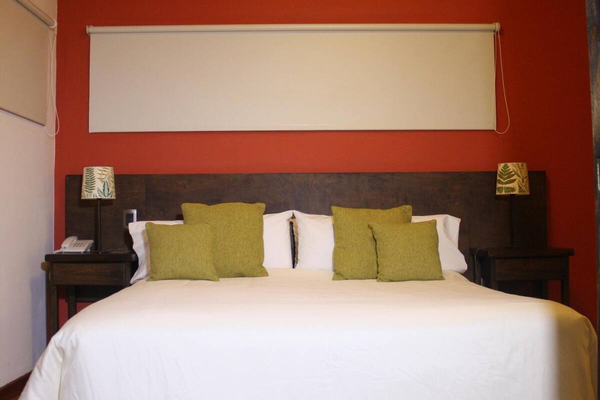 Habitación de hotel con techo de madera, una cama grande con ropa blanca y almohadas verdes, una mesita de noche con lámpara y una pared roja.