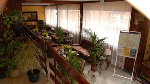 Un hall espacioso con una escalera de madera, varias zonas de descanso y una diversidad de plantas en macetas.