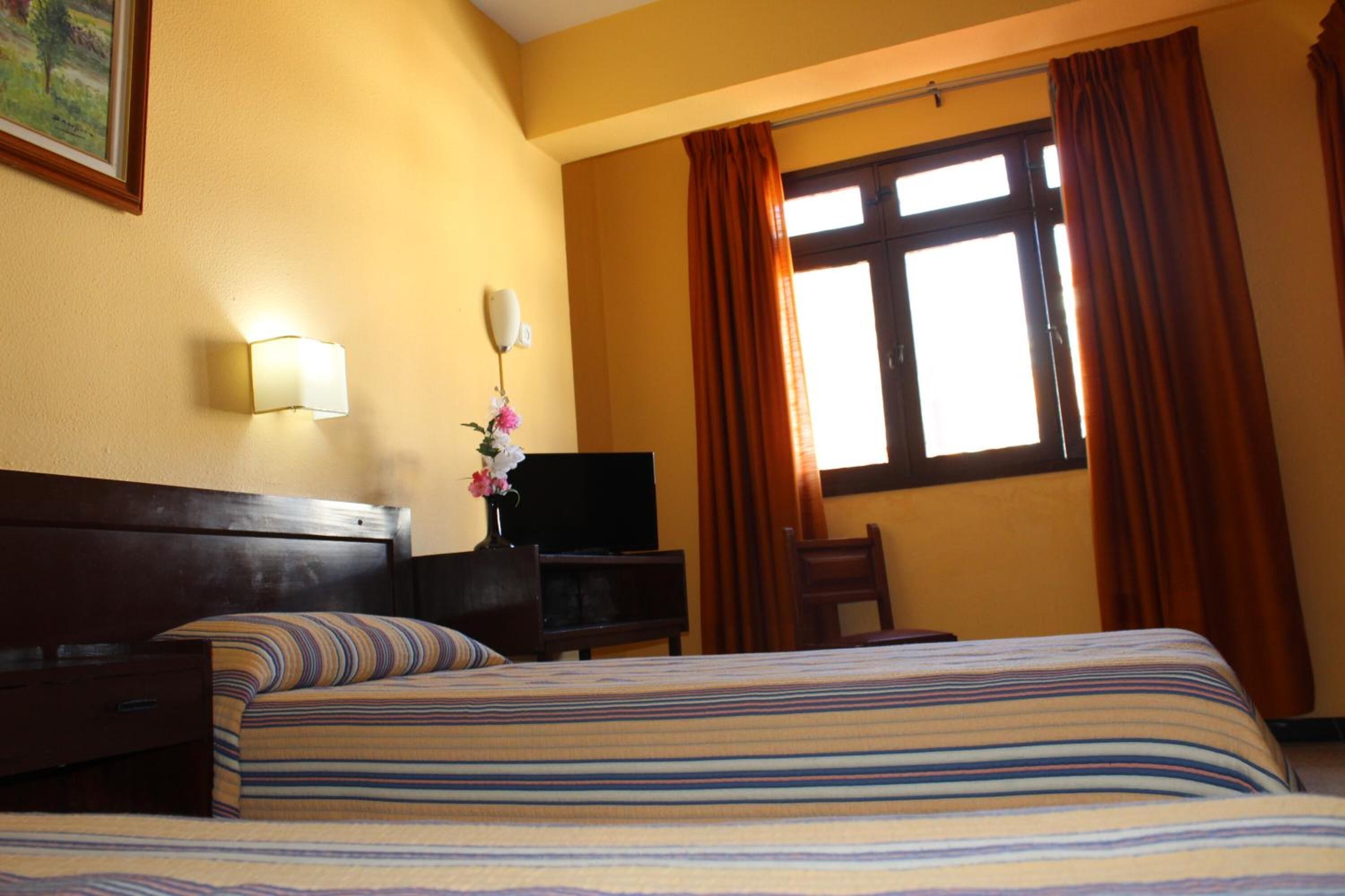 Une chambre d’hôtel avec un lit, un téléviseur posé sur un meuble, un bureau agrémenté d’un vase de fleurs et une fenêtre avec des rideaux.