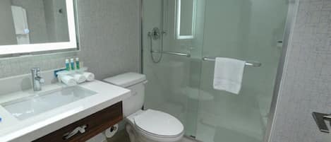 A modern bathroom with a glass-enclosed shower, a white toilet, and a vanity with a mirror and toiletries.