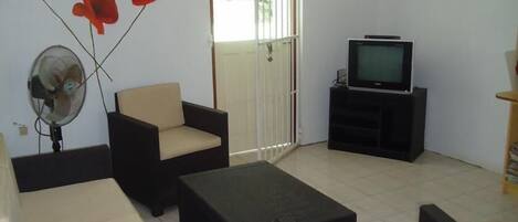 A living room with a sofa, a TV on a stand, a fan, and a door with a view.