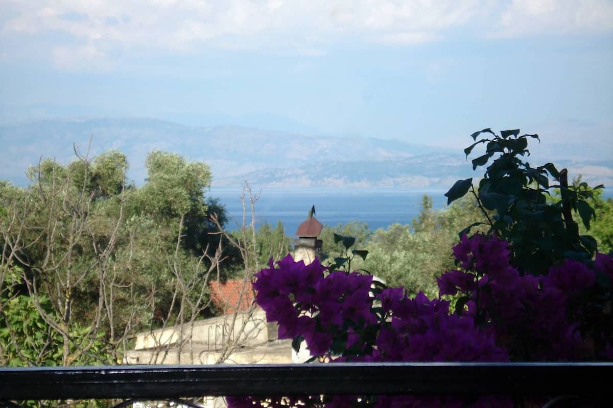 A view of a coastal landscape with a church and bougainvillea in the foreground.