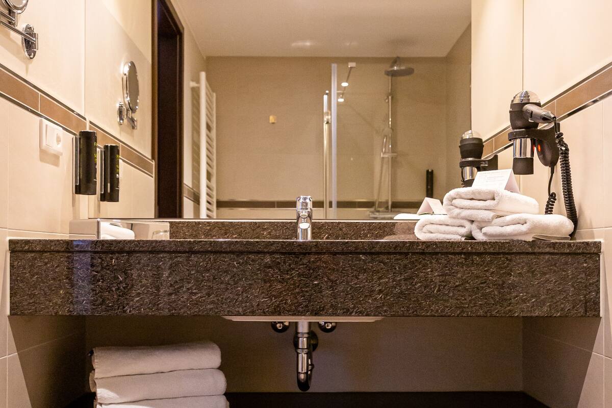 shower, free toiletries, hair dryer, towels