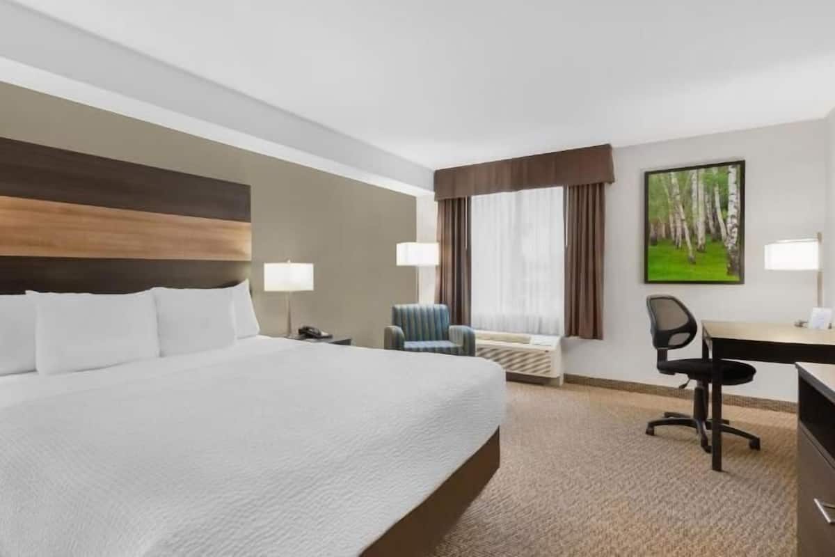 A hotel room with a large bed, a desk, a chair, a lamp, and a painting on the wall.