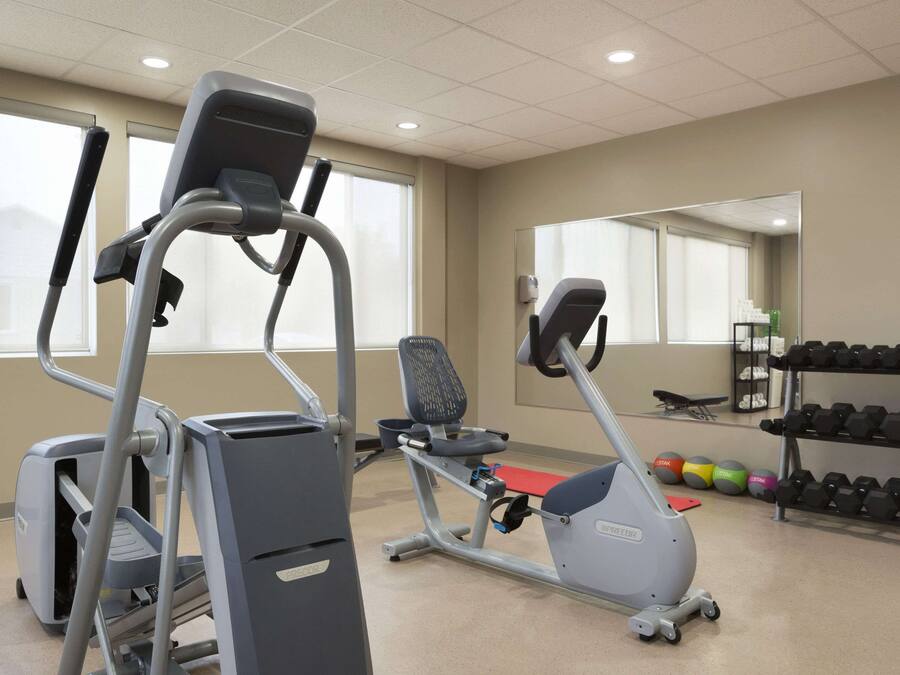 Un gimnasio con cintas de correr, elíptica y banco. Hay mancuernas y pelotas de ejercicio.