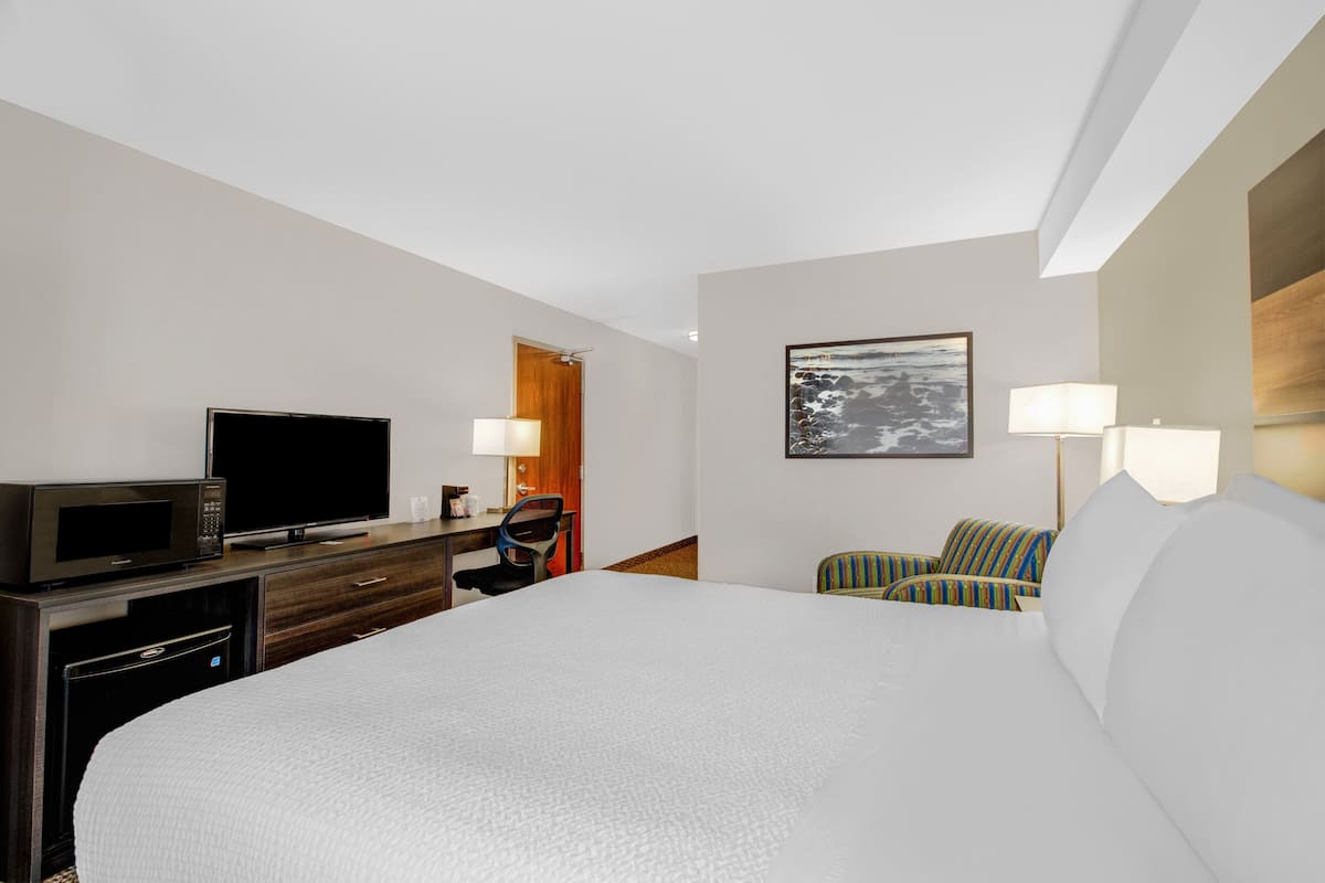A hotel room with a large bed, a desk with a television, a chair, and a desk lamp.