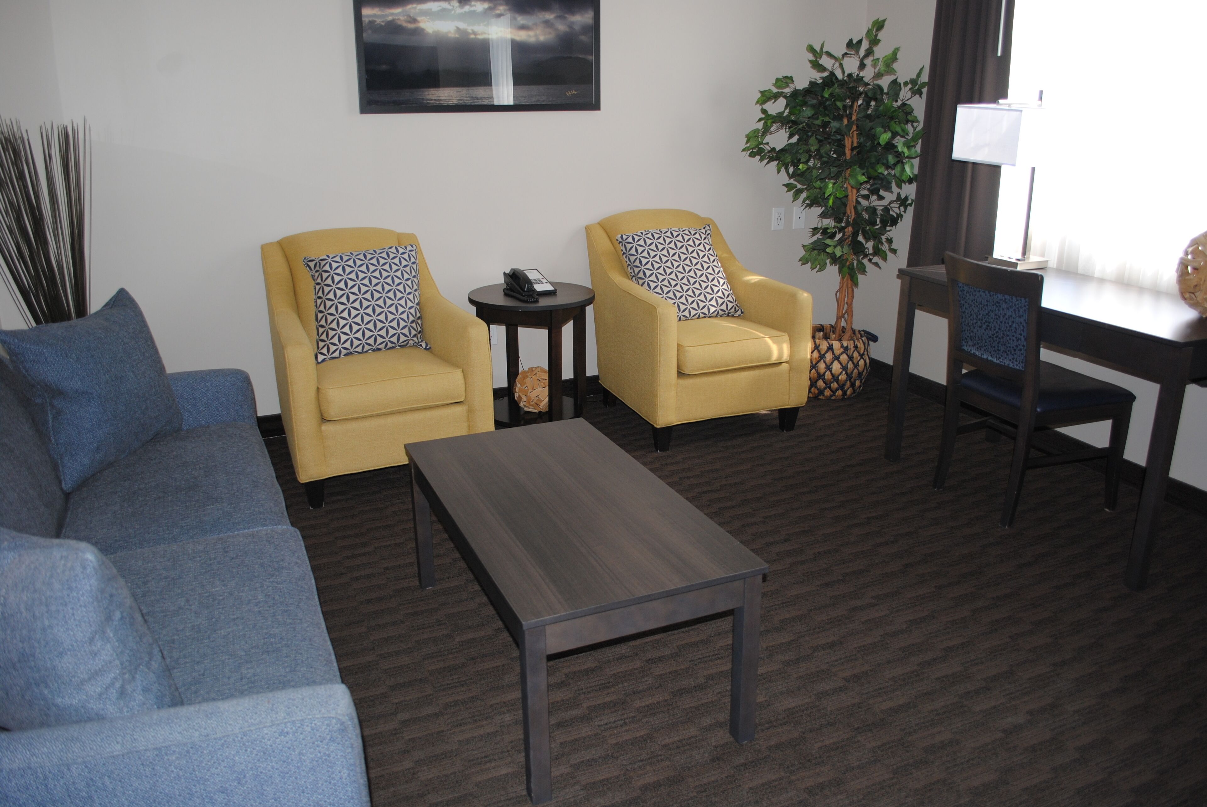 A living room with a blue sofa, two yellow armchairs with patterned pillows, a small round table with a phone, a lamp, and a plant.